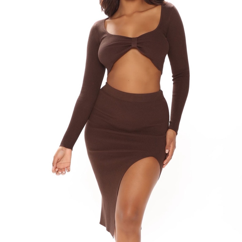 Fashion Nova Ribbed Asymmetric High-Slit Skirt - Brown